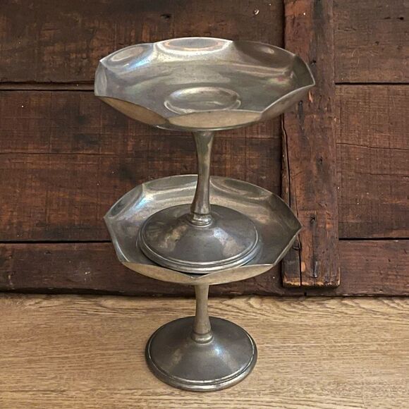 Vintage Pewter Octagon Rim Candle Holders Compote Dish Set of 2 - Picture 4 of 16